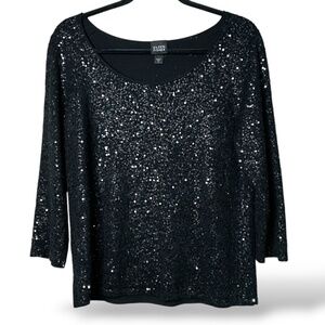 EILEEN FISHER Silk / Cotton Blend All Over Black Sequin Top 3/4 Sleeves US Sz M